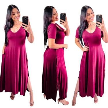Imagem de Vestido longo gola v com fenda lateral - Neide modas, Vinho, M