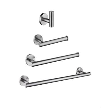 Imagem de Kit de banheiro preto cromado - Toalheiro de aço inoxidável, suporte para papel higiênico, ganchos para roupão - Design redondo para montagem na parede, aço inoxidável, conjunto de 4 peças