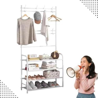Imagem de Sapateira Organizador com Cabideiro de Chão e 4 Prateleiras | Arara Multiuso Vertical para Roupas, Bolsas e Sapatos Branco)