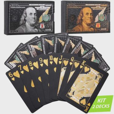Imagem de Kit 2 Baralhos Preto Black Detalhes Dourado Prata Jogo Cartas Diferente Truco Luxo Poker Prova D'água Plástico