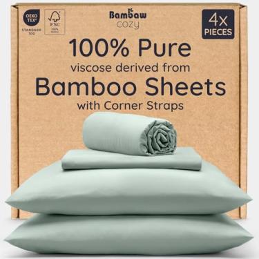 Imagem de Bambaw Conjunto completo de lençóis 100% viscose derivada de bambu – 4 peças de lençóis refrescantes para pessoas que dormem quentes, conjunto de lençóis de tamanho casal super macio, com tiras