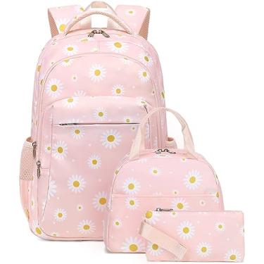 Imagem de LEDAOU Mochila para crianças, meninos, meninas, mochilas escolares, conjunto de mochilas escolares com lancheira e estojo de lápis, Rosa margarida branca, Medium, Mochilas Daypack