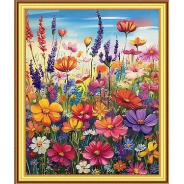 Imagem de Foxnyart Kits de ponto cruz estampado, gama completa de kits de bordado para iniciantes e adultos, padrões de bordado de 11 quilates, artesanato, faça você mesmo, kit de bordado - cenário de flor 40,6