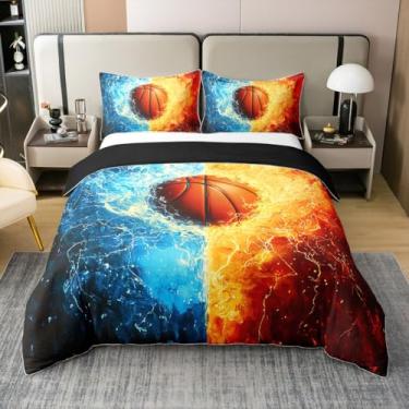 Imagem de Feelyou Jogo de edredom de basquete 100% algodão para crianças, meninos, meninas, jogos, jogos, jogos, jogo de cama, tamanho casal, presente para amantes de basquete, azul, 3 peças, sem edredom