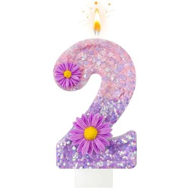 Imagem de Velas de aniversário de flores roxas, número 2 velas de aniversário para bolo, adequadas para festas de aniversário de desenho animado, decoração de bolos, aniversário de casamento e outros