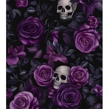 Imagem de Papel de parede preto roxo para descascar e colar, papel de contato com caveira floral escuro 44,5 cm x 1,000 cm, papel de parede vintage rosa gótico flores autoadesivo à prova d'água removível para