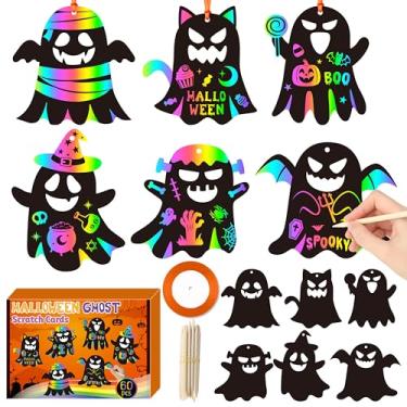 Imagem de CY2SIDE Raspadinhas de fantasma de Halloween – 60 peças DIY Boo Spooky Scratch Paper Art para atividades escolares de crianças, decoração de arte mágica de fantasma fofo, cor de arco-íris, enfeite de
