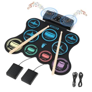 Imagem de Brigle Conjunto de bateria elétrica, 9 pads para crianças, almofada de bateria para prática de enrolar com fone de ouvido, MIDI, alto-falantes estéreo duplos integrados, pedais de bateria, 10 horas de