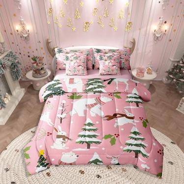 Imagem de Erosebridal Jogo de cama de Natal rosa em uma bolsa, 7 peças, fofo, urso polar, veado, coelho, selvagem, animais selvagens, árvores de Natal, floresta, conjunto de lençol com edredom