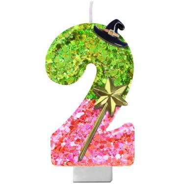 Imagem de Vela com número de aniversário com tema malvado – Vela de glitter rosa e verde com suporte para bolo | Decoração de festa mágica para meninas, adolescentes, fãs de teatro, amantes da Broadway