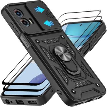 Imagem de AKINIK Capa para Motorola Moto G 5G 2023, com protetor de tela de vidro temperado [2 peças] e capa deslizante para câmera, suporte de anel de rotação de 360° [grau militar] (preta)