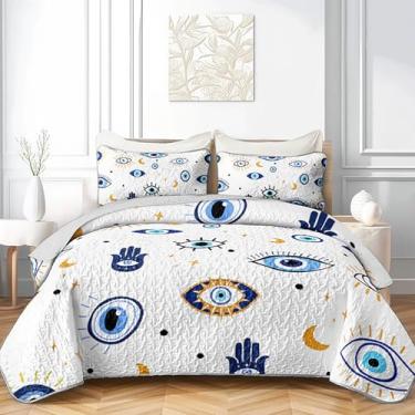 Imagem de AILONEN Conjunto de colcha acolchoada com olho turco para crianças, meninas, conjunto de colcha de cama com 2 fronhas, tamanho Queen, lindo estilo boho para todas as estações, macio e leve, 3 peças