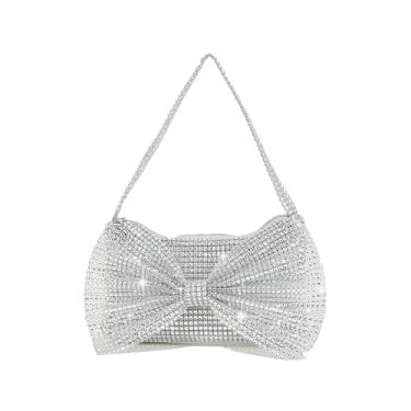 Imagem de WYSJYBHJ Bolsa feminina com laço de strass com glitter, mini bolsa de mão prateada com glitter para casamento, formatura e festa, prata