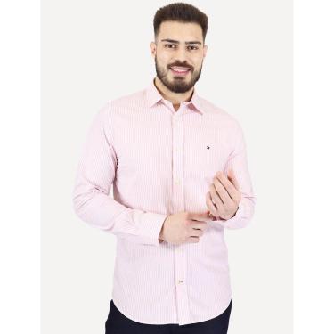 Imagem de Camisa Tommy Hilfiger Masculina Regular Striped Poplin Rosa Médio-Masculino