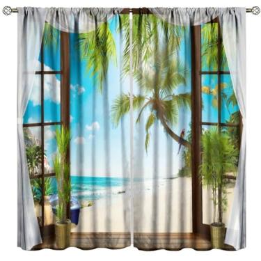Imagem de Cortinas de palmeira de praia, vista tropical do oceano de verão, decoração de casa, quarto, sala de estar, cozinha, varão, bolso, janela, conjunto com 2 painéis, tamanho total 106,7 cm L x 114,3 cm C