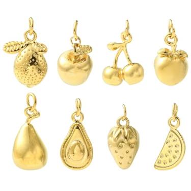 Imagem de UR URLIFEHALL 8 peças, 8 estilos, pingentes de frutas de aço inoxidável, banhado a ouro 18 K, maçã, cereja, morango, pingentes para fazer joias de colar DIY
