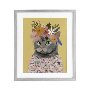 Imagem de Stupell Industries Retrato floral de gato primavera impressão emoldurada cinza design sob vidro por Mia Charro, 21 x 17