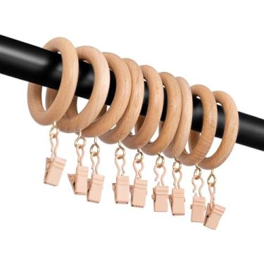 Imagem de Anéis de cortina de madeira premium – Acabamento de madeira de faia natural – 6,3 cm externo, 4,4 cm de diâmetro interno – Anéis decorativos para cortinas com ganchos para hastes e painéis – Pacote