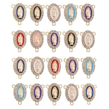 Imagem de COTTVOTT Peças centrais de rosário douradas, liga esmaltada, oval, Virgem de Guadalupe Strass, berloque de medalha, elos de lustre para decoração de oração DIY