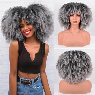 Imagem de Vitorish Peruca afro cacheada curta com franja 30,5 cm peruca de cabelo sintético afro-crespo natural cerca de 280 g/peça sem cola resistente ao calor perucas de substituição de cabelo (cinza ombre)