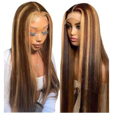 Imagem de Peruca frontal de renda loira mel, cabelo humano, 61 cm, renda transparente HD 13x4, ombre 4/27, cabelo de bebê pré-arrancado, 180% de densidade lisa, sem cola, peruca feminina