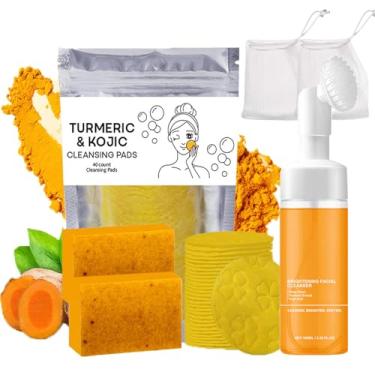 Imagem de LuckNest Conjunto de 4 peças de açafrão e cuidados, limpador facial Tuemérico, conjunto de almofadas esfoliantes de limpeza de açafrão e sabão, conjunto de sabonete e mousse de limpeza para rosto e
