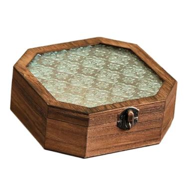 Imagem de KiBcsLic Caixa de madeira para armazenamento de joias, caixa de bugigangas com tampa de vidro para brinco, 17x17x5.8cm