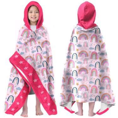 Imagem de Toalha de praia arco-íris para meninas com capuz para crianças de 4 a 8 anos, toalhas de banho rosa para meninas, poncho com capuz, cobertor de praia para piscina, natação, toalha de banho fofa para