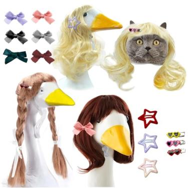 Imagem de Riqwm Iro 3 Pcs Porch Goose Wigs，Cute Lawn Goose Braid Wig with Hair Clips Set Outfits Costumes for Garden Outdoor Patio Yard Pet Cats Dogs Decoration