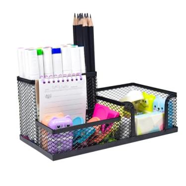 Imagem de Marte Vanci Organizador de mesa de malha de metal, 3 compartimentos, porta-lápis de malha, pequenos organizadores de mesa e acessórios para escola, escritório em casa (preto)