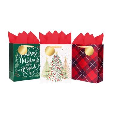 Imagem de LaRibbons Sacos grandes de presente de Natal de 33 cm com papel de seda vermelho e etiquetas – pacote com 3 sacos de férias, xadrez vermelho, design de árvore e boas festas, perfeito para família