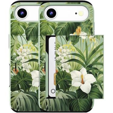 Imagem de MUQR Capa para celular 17 Air compatível com porta-cartão fofo - Capa tipo carteira robusta com design Kawaii, proteção contra quedas de grau militar para mulheres (folhas verdes de flores tropicais)