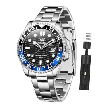 Imagem de OLEVS Relógio masculino de luxo, analógico, quartzo, à prova d'água, luminoso, aço inoxidável, data, dois tons, casual, relógio de pulso masculino, G3610-prata-preto, round, Relógio de luxo