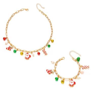 Imagem de Conjunto de joias de Natal para mulheres, colar de sino, Papai Noel, meias de doces, festivo, sininho, pingente, novidade, pulseira ajustável, acessórios de Natal, meias de festa, joias