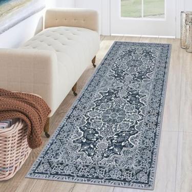 Imagem de KUTA Tapete vintage lavável, 5 x 15 cm azul marinho para corredores tapetes de cozinha antiderrapantes tapete floral envelhecido estampado ultra macio para lavanderia, quarto, sala de estar, berçário