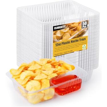 Imagem de CLRBEATTY 50 bandejas de plástico para nacho, bandeja de lanche descartável de 350 ml, 2 bandejas de queijo nachos, recipientes transparentes descartáveis para lanches, nachos e molho de queijo