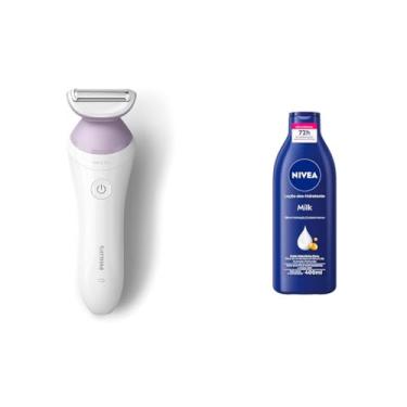 Imagem de Kit Aparador de Pelos Elétrico Philips Lady Shaver Series 6000 BRL136/00 À Prova d'água Bivolt - 4 Acessórios + NIVEA Loção Deo-Hidratante Milk 400ml