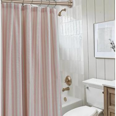 Imagem de Cortina de chuveiro listrada rosa - 182 x 182 cm, tecido de mistura de algodão, respirável e lavável, para decoração de banheiro (ganchos/forro não incluídos) (rosa, 183 cm L x 182 cm C, listrado)
