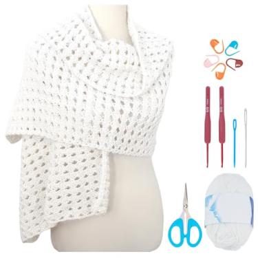 Imagem de FREEBLOSS Kit de crochê com tutoriais em vídeo passo a passo, conjunto de xaile de virilha com fio de crochê para iniciantes para adultos