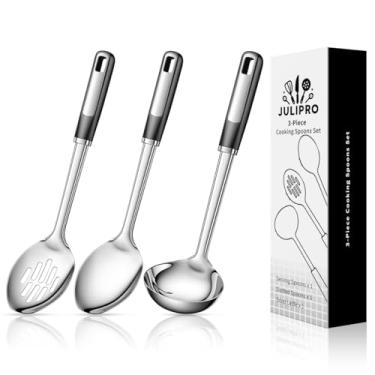 Imagem de Conjunto de 3 colheres de aço inoxidável com escumadeira, colher de servir e colher perfurada, concha de sopa, conjunto de utensílios de cozinha e colher de cozinha