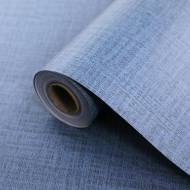 Imagem de ESSMOKO Papel de parede sólido textura de linho autoadesivo material de PVC impermeável papel de parede quarto sala de estar dormitório adesivo de renovação azul 45 * 1000 cm