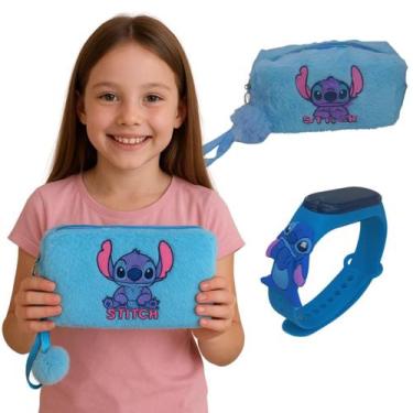 Imagem de Kit Estojo Infantil Com Relogio Feminino Do stitch Data Hora azul clar
