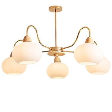 Imagem de Lustre de madeira com 5 luzes de vidro leitoso, moderno de meados do século, Sputnik, luminária de teto, estilo fazenda, vintage, grande, pendente, para sala de estar, quarto, sala de jantar