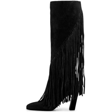 Imagem de Lovee Cosee Botas femininas de camurça na altura do joelho com borlas, salto grosso, bico quadrado, zíper completo, outono, inverno, conforto para festivais de música, concertos, roupas diárias