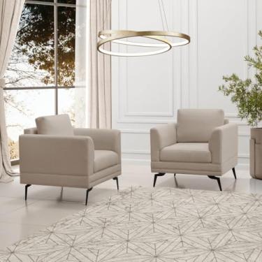 Imagem de Conjunto 2 Poltronas Poemme Acabamento Linho Premium Bege Estilo Retrô Para Escritório