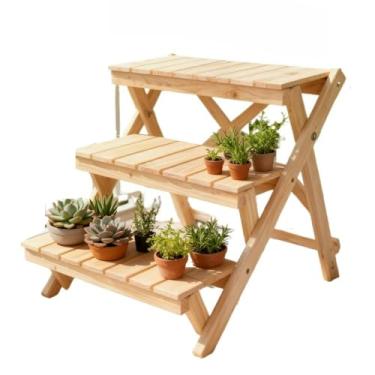 Imagem de Vasos E Jardineiras Verticais Prateleira Floreira 3 Andares Dobrável Pinus Sem Pintura Jardim Pequeno Ao Lado Piscina