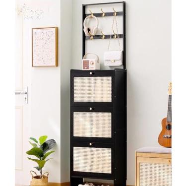 Imagem de LIJAHGMD Armário de sapatos de entrada com cabideiro, armário de sapatos alto preto com porta dobrável para entrada, armário de sapatos de 50/70 cm com prateleiras para chinelos, tênis, saltos, botas