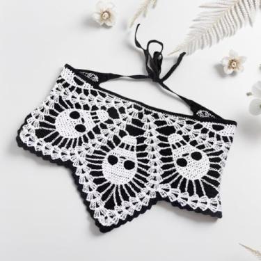Imagem de Bandana gótica de crochê para mulheres, lenço de cabeça triangular, acessório de cabelo de Halloween, envoltório de cabeça feito à mão, crânio