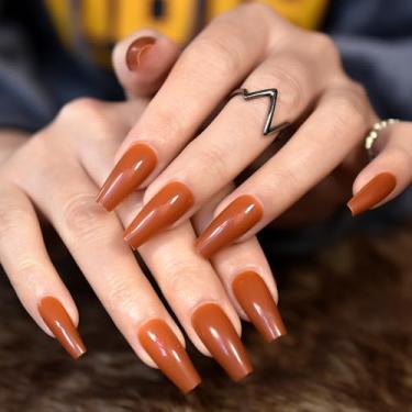 Imagem de Unhas de pressão marrom laranja brilhante comprimento médio caixão unhas postiças acrílicas dicas de arte de unhas falsas kits de manicure