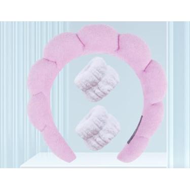 Imagem de 3 conjuntos de faixas de cabeça de spa para lavar o rosto e cuidados com a pele facial, conjunto de faixas de cabeça de tecido felpudo para maquiagem inchada para máscara de lavagem de rosto, faixa de